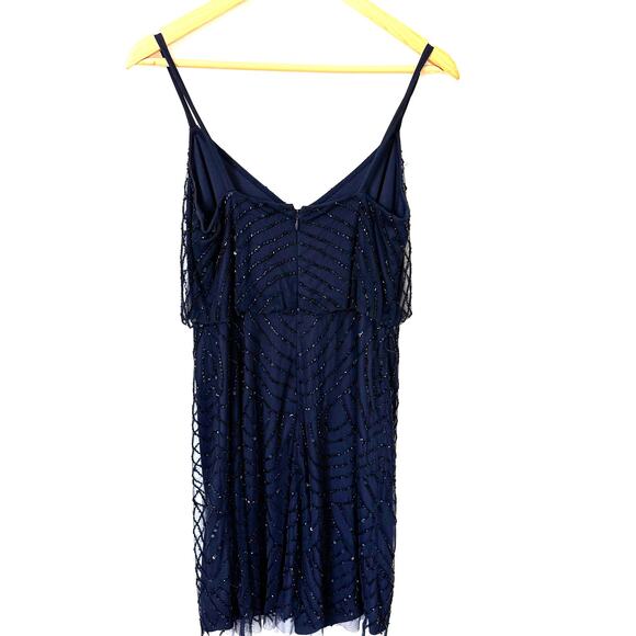 Adrianna Papell Navy Sequin Beaded Spaghetti Strap Mini Dress Size 2 - Picture 9 of 13